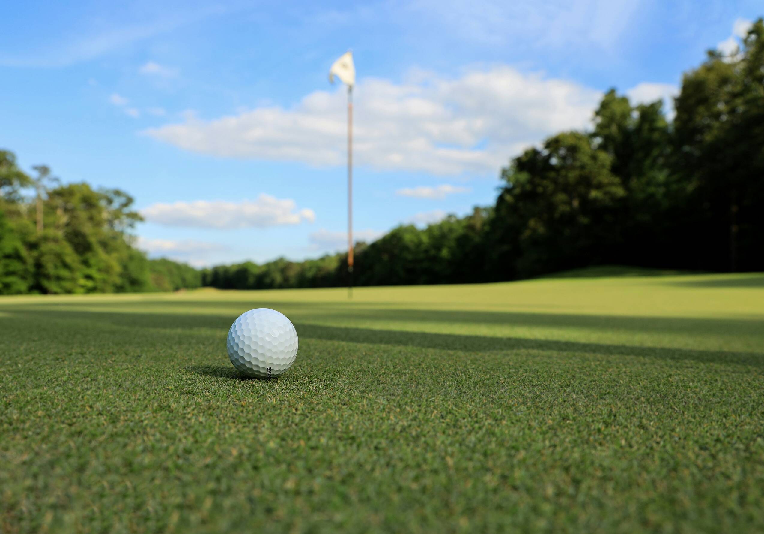 Ein Golfball liegt auf einem Golfplatz kurz vor dem Loch.
