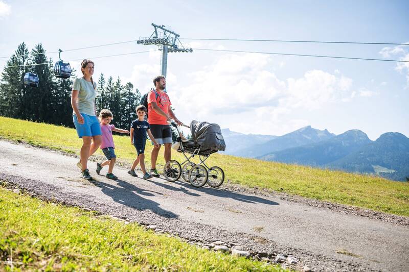 Eine Familie mit zwei Kindern und Kinderwagen wandert auf einem sonnigen Wanderweg in den Bergen.